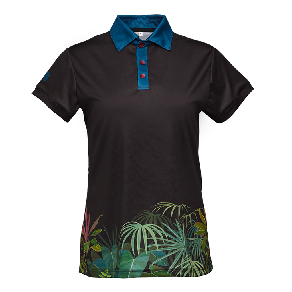 Damen-Sportpolo schwarz blau mit Motiv