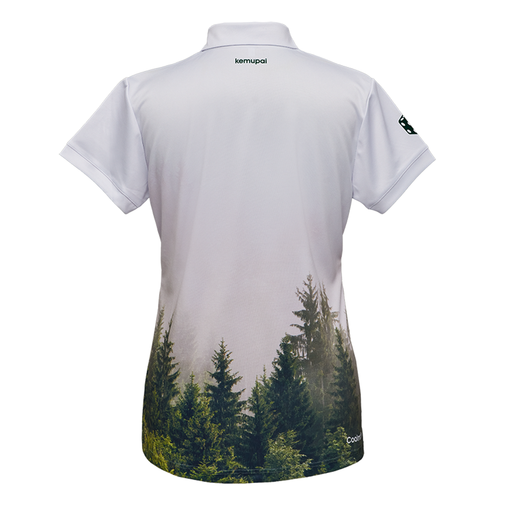 Women's white sports polo with a forest motif