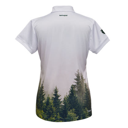 Women's white sports polo with a forest motif