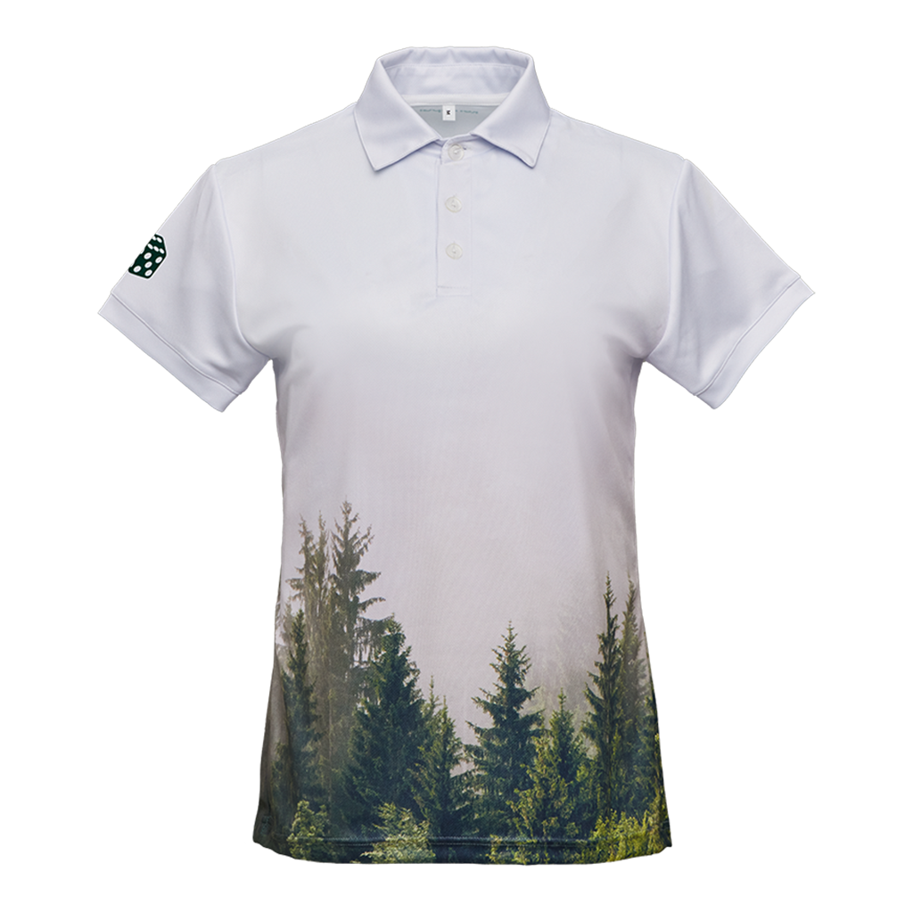 Women's white sports polo with a forest motif