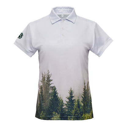 Women's white sports polo with a forest motif