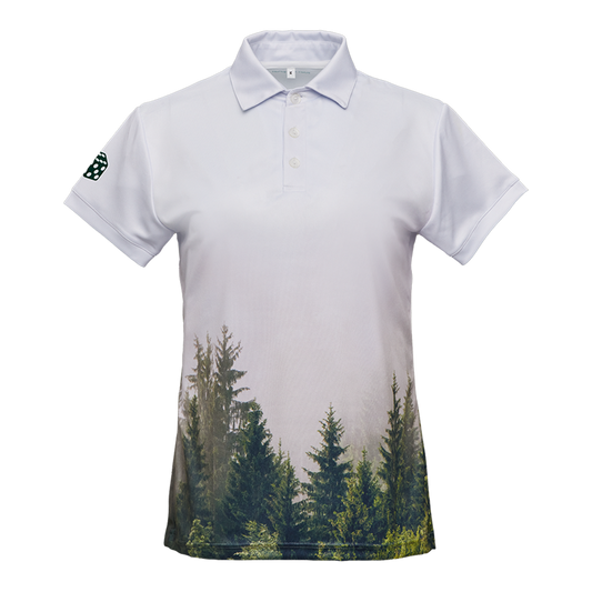 Damen-Sportpolo weiß mit Waldmotiv